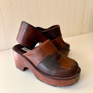 90s Steve Madden Patchwork Brown Clogs Women Size 7 1/5 Leather Shoes Curlie